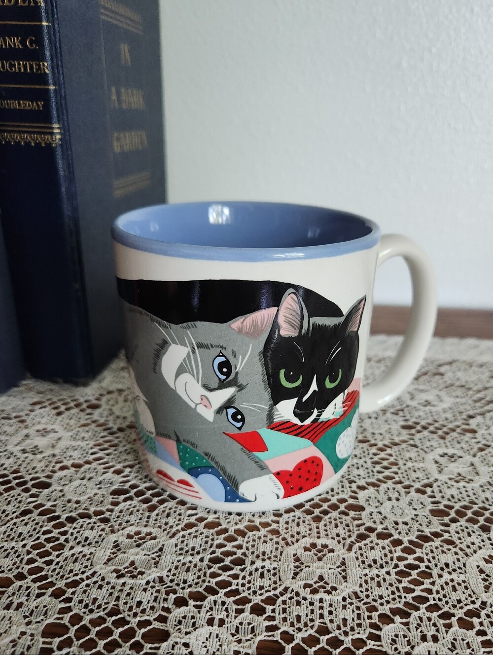 Potpourri Press "Cats N' Quilts" Ceramic Coffee Mug - Blue Interior